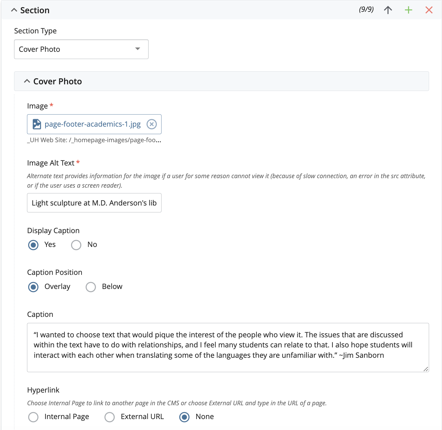 CMS settings for cover photo.