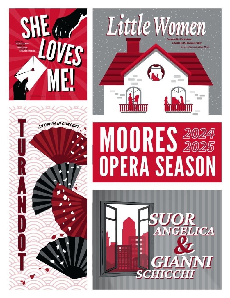 Promotional poster for Moores Opera Center’s 2024-2025 season. The poster contains four separate images for different operas. Top left: A bright red background with a stylized male and female silhouette and text "She Loves Me!" Top right: Image titled "Little Women" features a small red house with four silhouetted figures, set against a snowy backdrop. Bottom left: "Turandot" with a red and black fan design and bold lettering. Bottom right: Shows city skyline silhouettes with the titles "Suor Angelica & Gianni Schicchi" in the foreground.