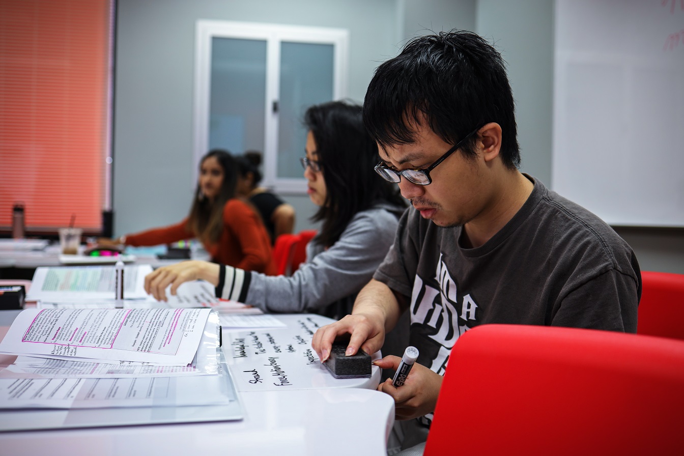 Students sitting at a classroom table with binders and handouts. One student is erasing notes in dry-erase marker from the tabletop.