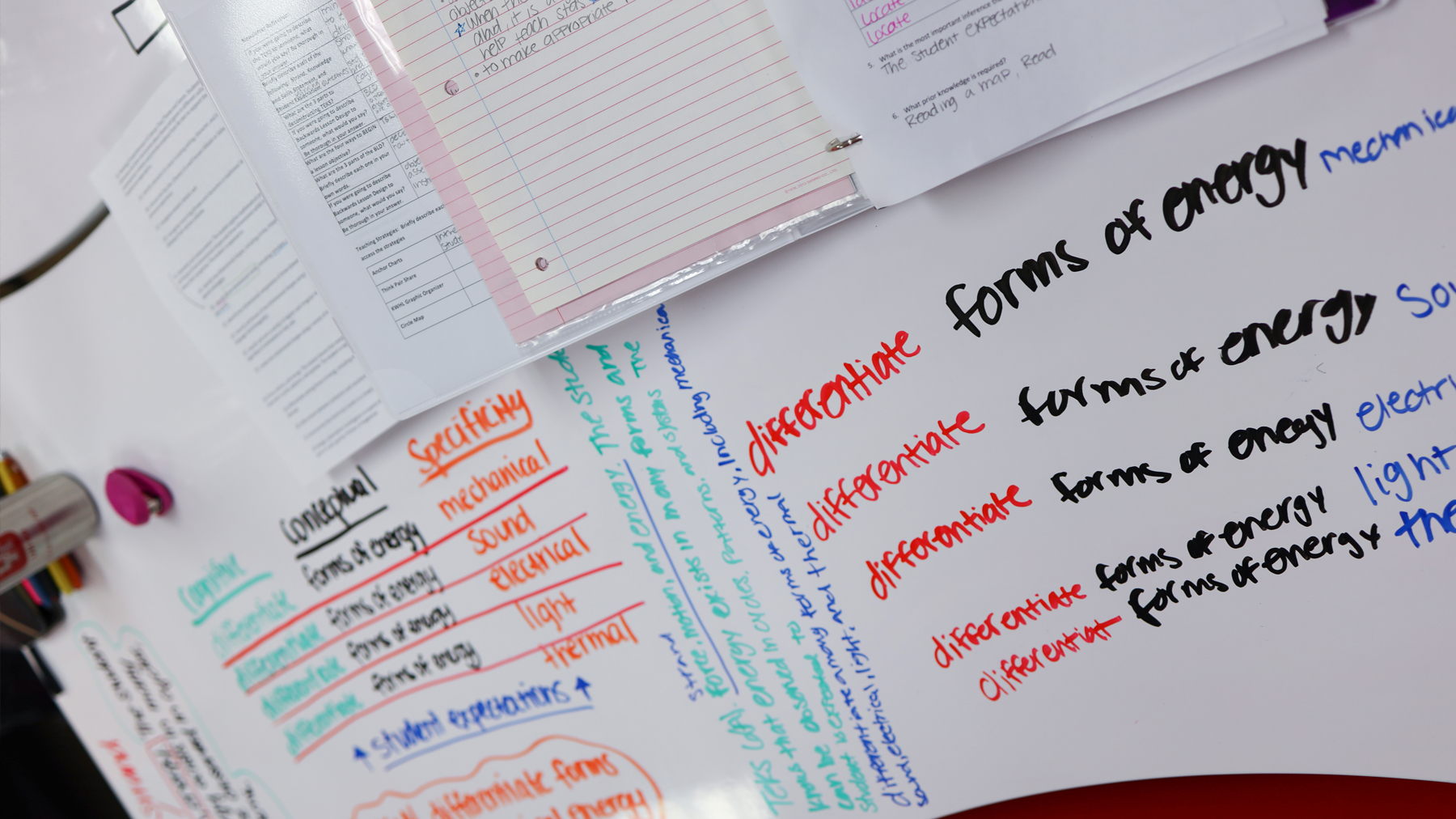 Open binders with class notes and handouts on top of a white table. The table has additional notes written on it.